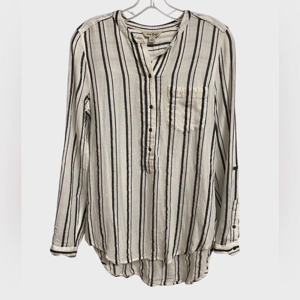 Lucky Brand Women's Striped Henley Top Size S Black White Pocket Soft Beachy - Picture 3 of 16